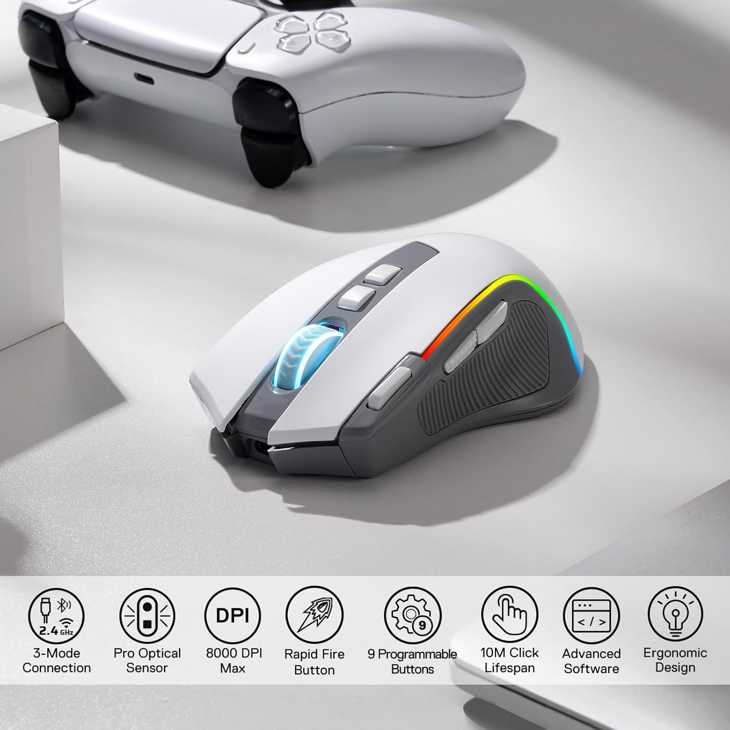 Predator Pro M612 PRO - RGB Wired, Wireless and Bluetooth Mouse (White and Grey)