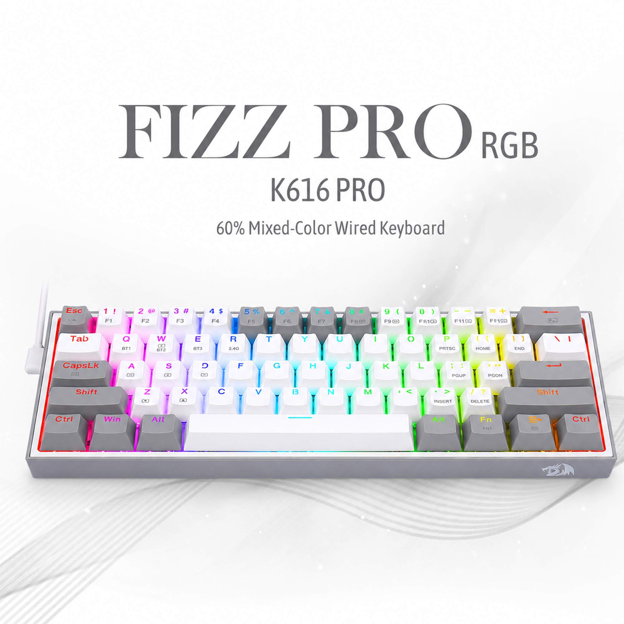 FIZZ PRO K616 - 60% Wired+2.4Ghz+BT Mechanical Keyboard White and Grey (Red Switch)