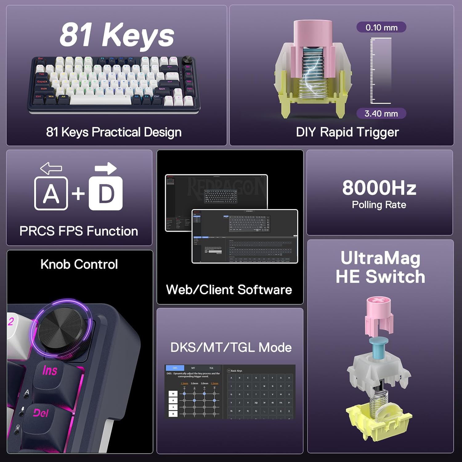 Ucal K673 - 81 Keys 8K Wired RGB Mechanical Keyboard Blue and White (Magnetic Switch)