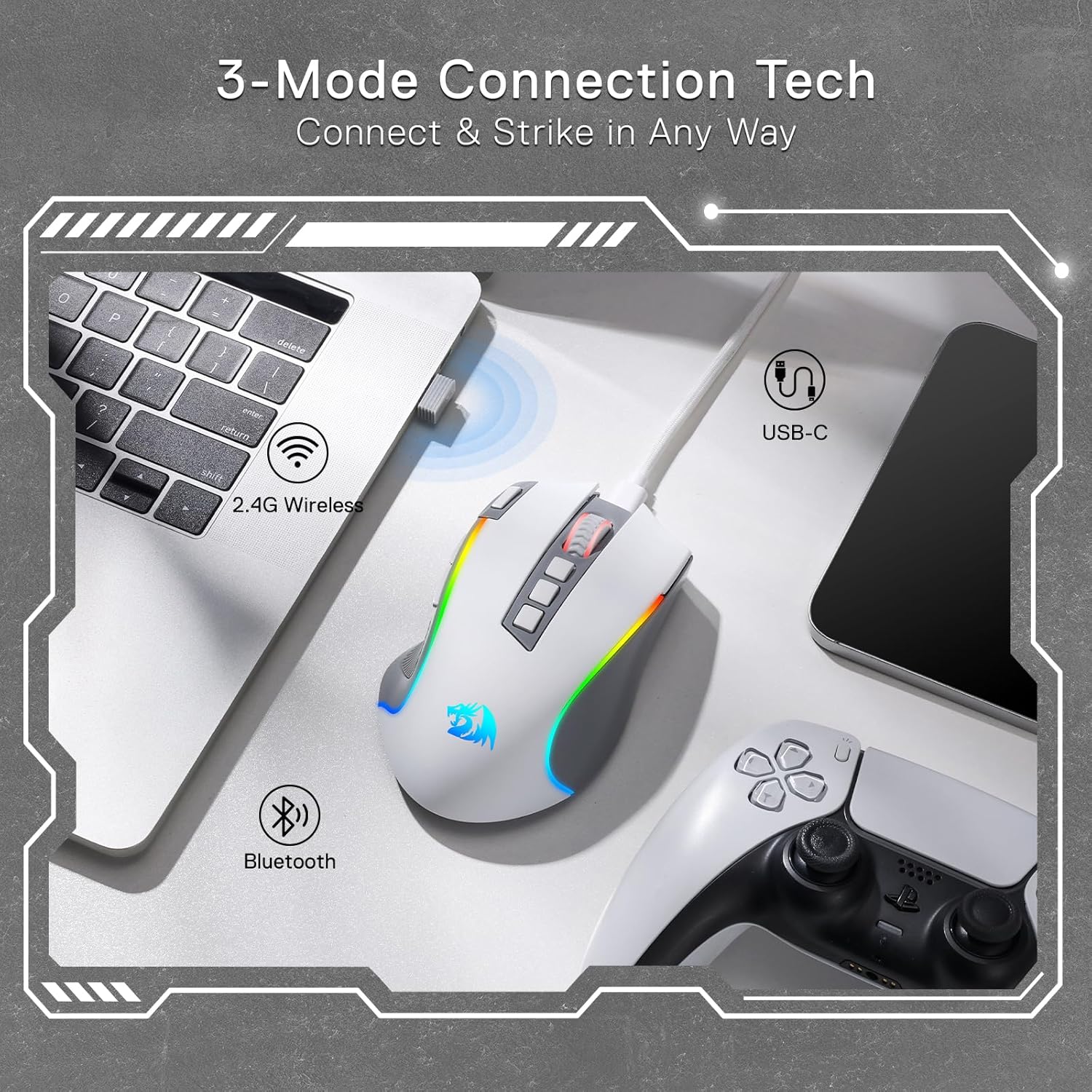 Predator Pro M612 PRO - RGB Wired, Wireless and Bluetooth Mouse (White and Grey)
