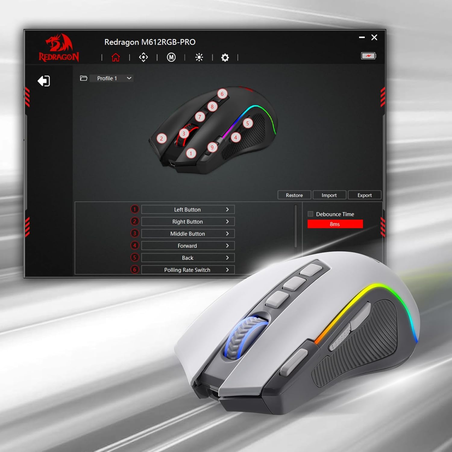 Predator Pro M612 PRO - RGB Wired, Wireless and Bluetooth Mouse (White and Grey)