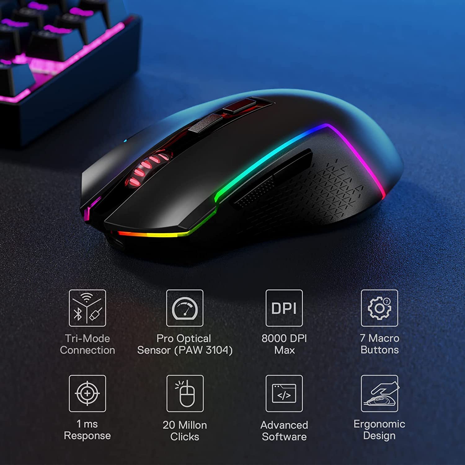 Refurbished Trident Pro M693 RGB Wired, Wireless and Bluetooth Mouse