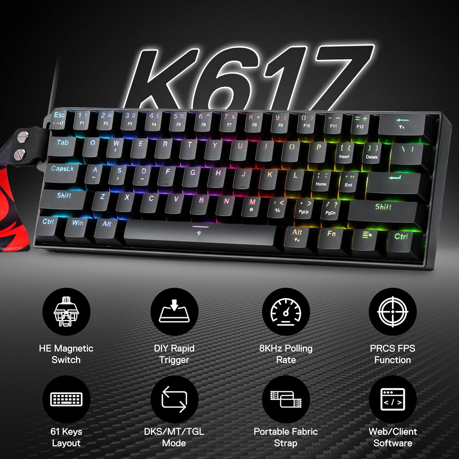 Fizz K617 - 60% Wired Mechanical Keyboard with Strap Black (Magnetic Switch)
