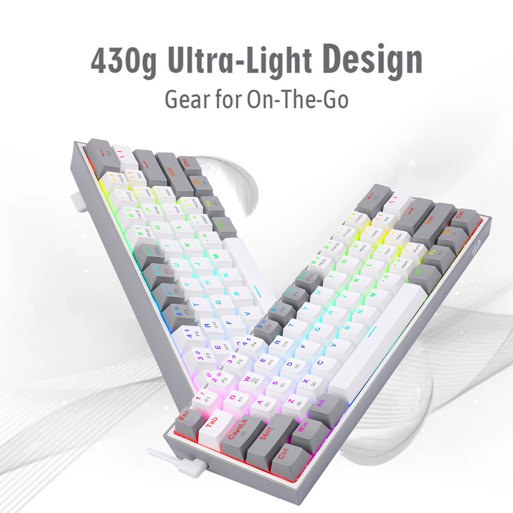 FIZZ PRO K616 - 60% Wired+2.4Ghz+BT Mechanical Keyboard White and Grey (Red Switch)