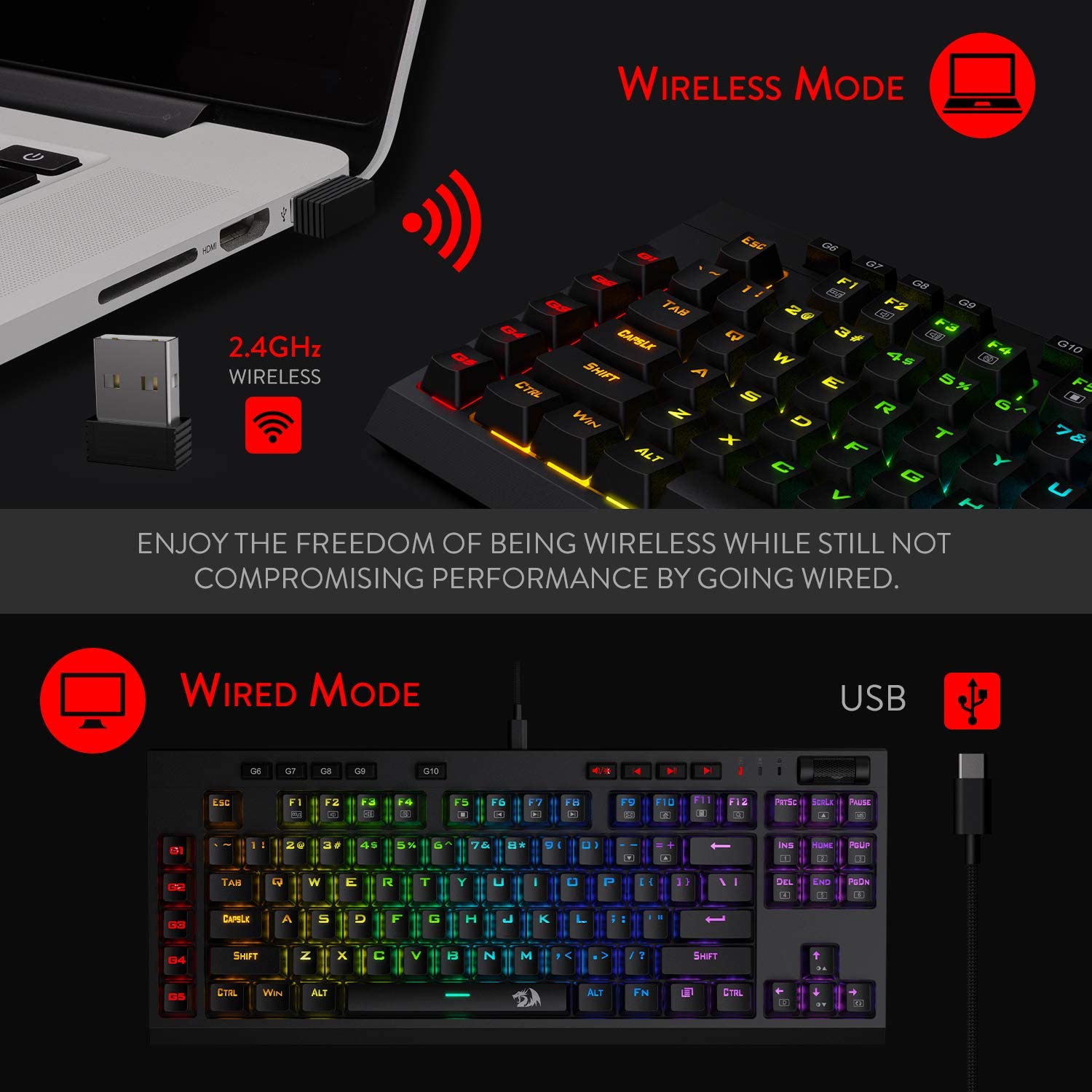 Refurbished Vishnu K596 - 2.4Ghz+Wired Mechanical Keyboard (Red Switch)
