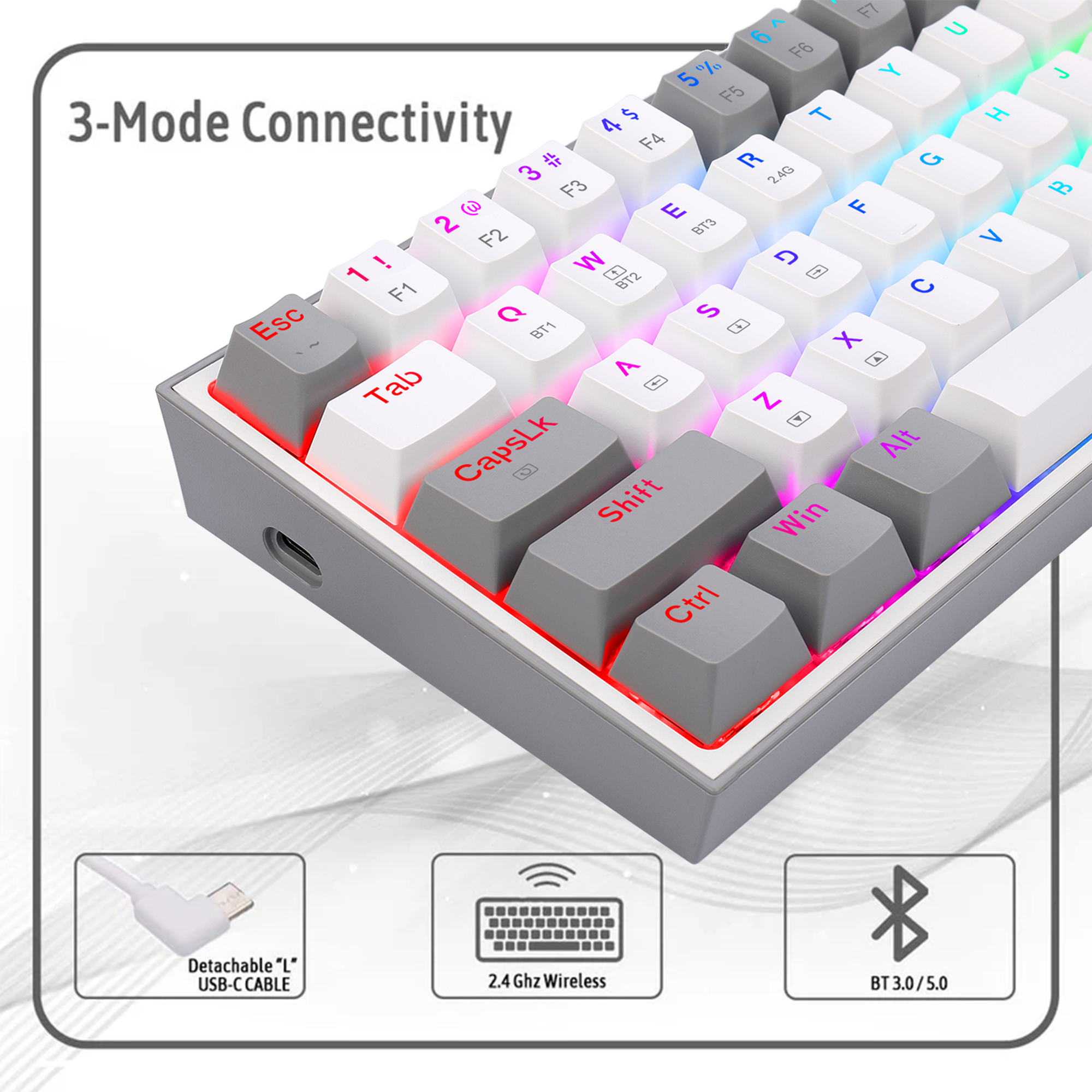 FIZZ PRO K616 - 60% Wired+2.4Ghz+BT Mechanical Keyboard White and Grey (Red Switch)