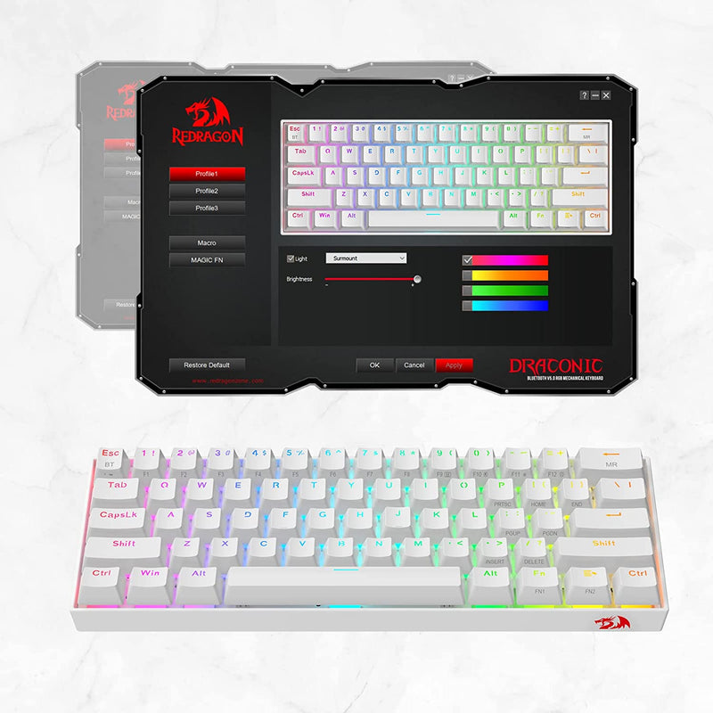 (Refurbished) Draconic Pro K530 Pro - 60% Bluetooth+2.4Ghz+Wired Mechanical Keyboard White (Red Switch)