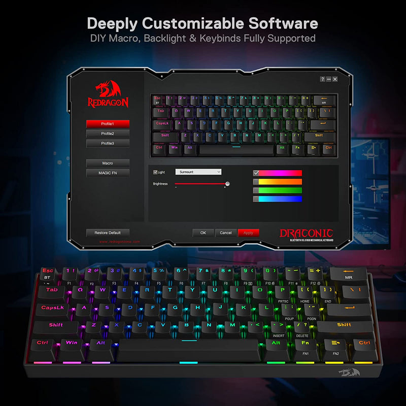 (Refurbished) Draconic Pro K530 PRO - 60% Bluetooth+2.4Hz+Wired Mechanical Keyboard (Brown Switch)