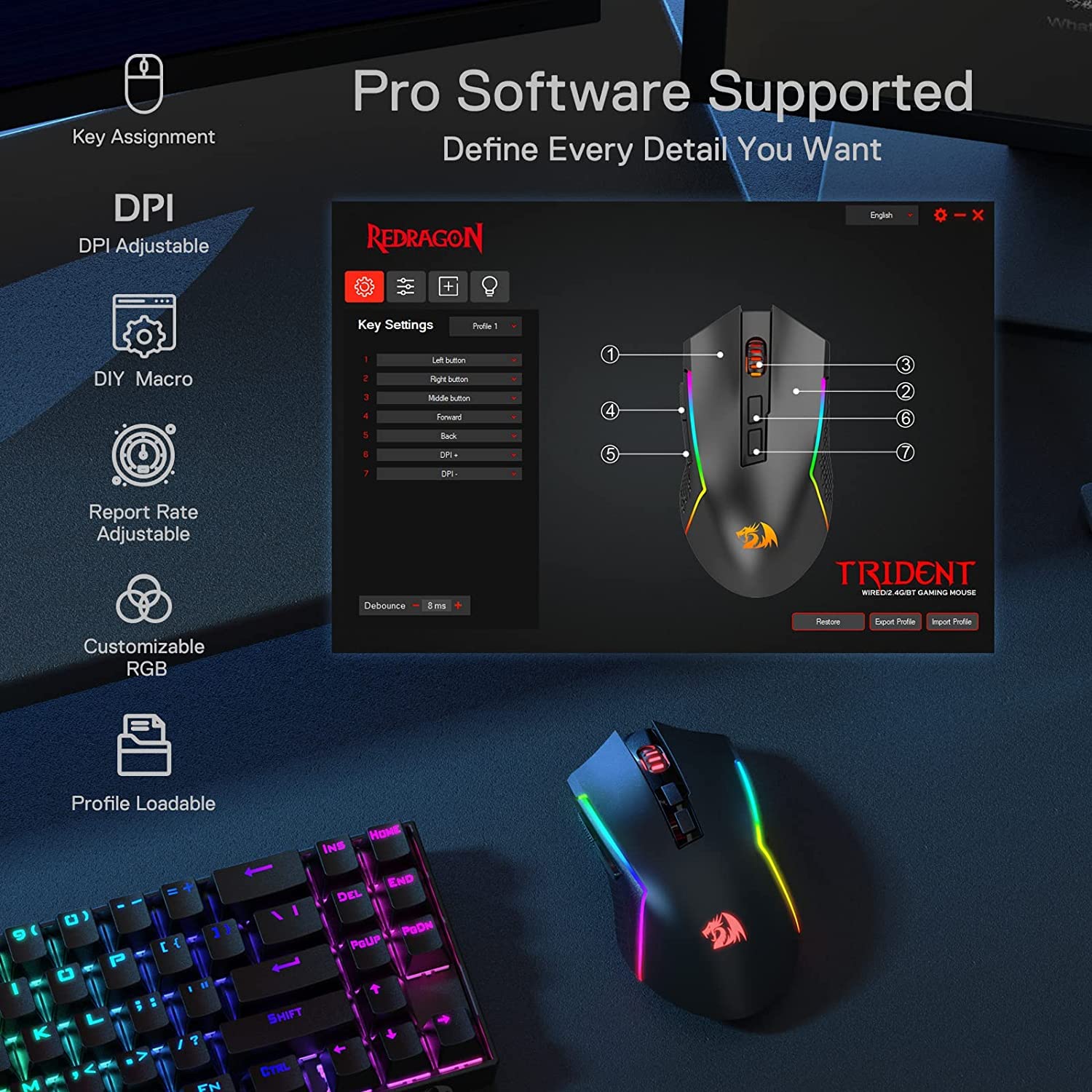Trident Pro M693 RGB Wired, Wireless and Bluetooth Mouse